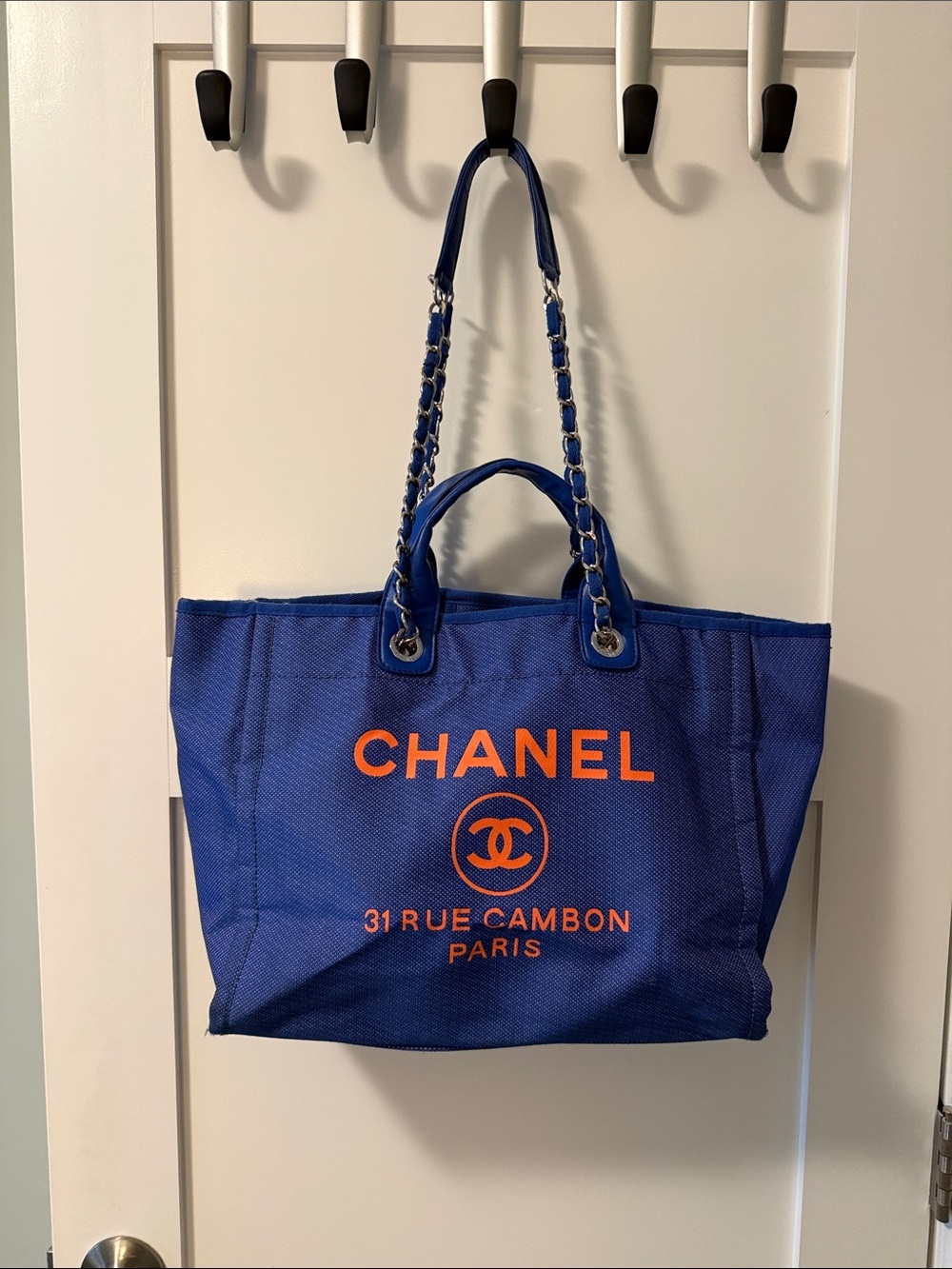 CHANEL Blue Canvas Tote with Orange Logo and Chain Handles